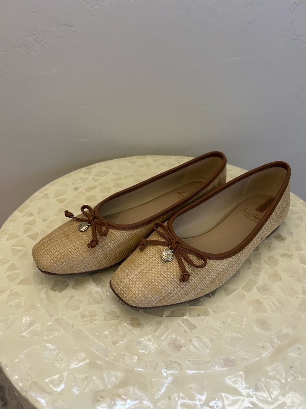 Sam Edelman Tan Woven Ballet Flats with Brown Trim